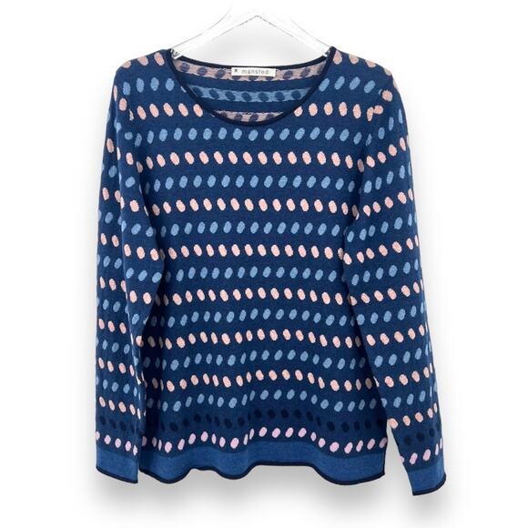 Mansted sweater merino wool blend navy blue tan geometric print pullover XL - Picture 1 of 8
